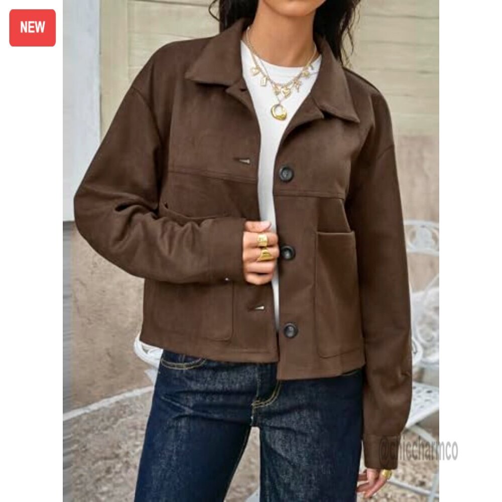 Cropped Faux Suede Jacket Lapel Collar Button Down Casual Vintage Shacket - Picture 2 of 6